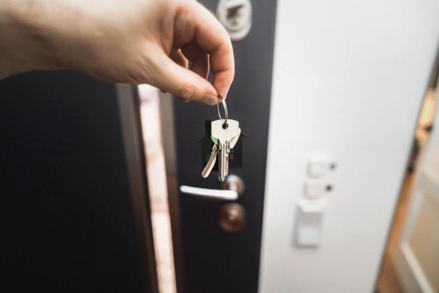 Hand holding a set of keys with a house-shaped keychain in front of a door.